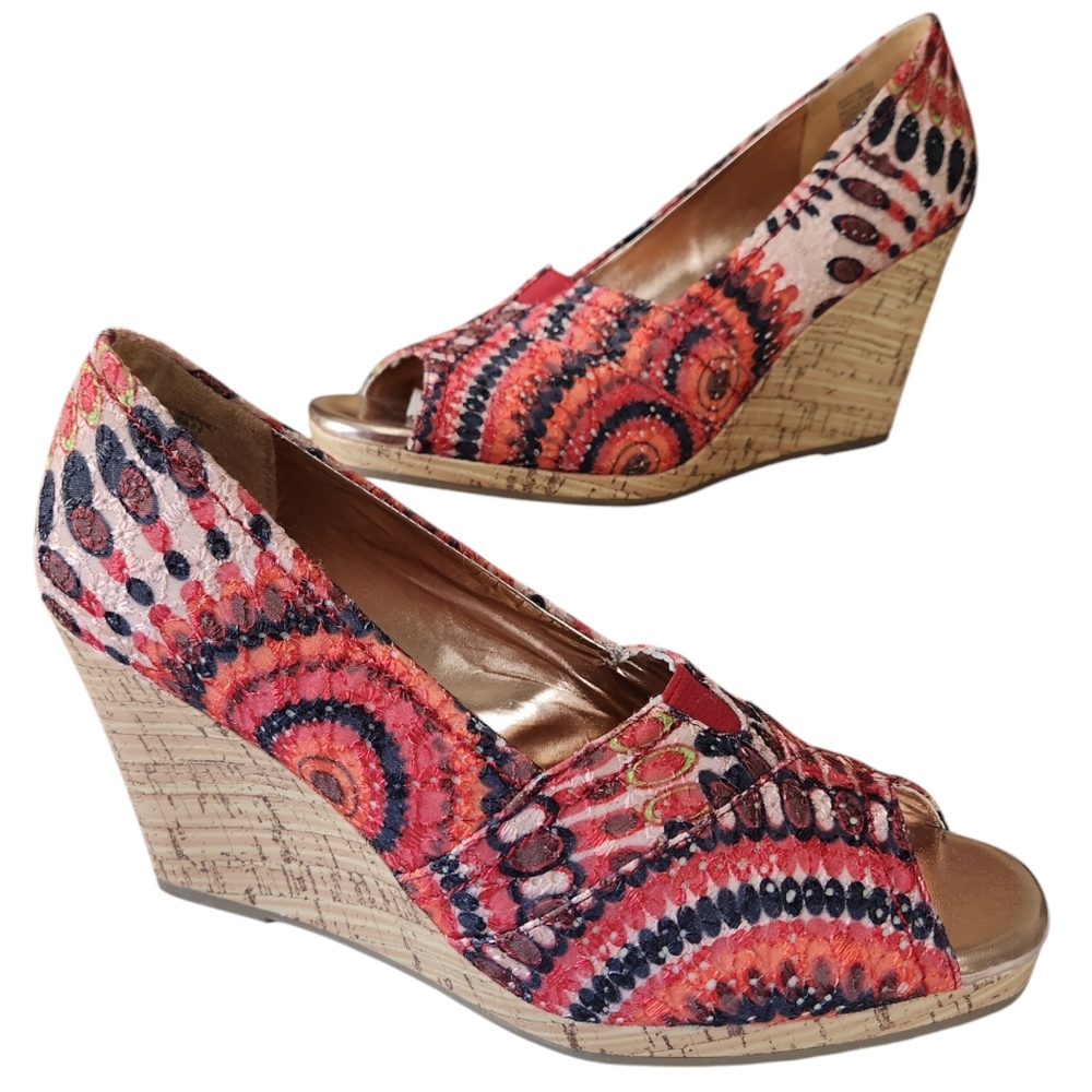 Faded Glory Cork Colorful Peep Toe Wedge size 9.5